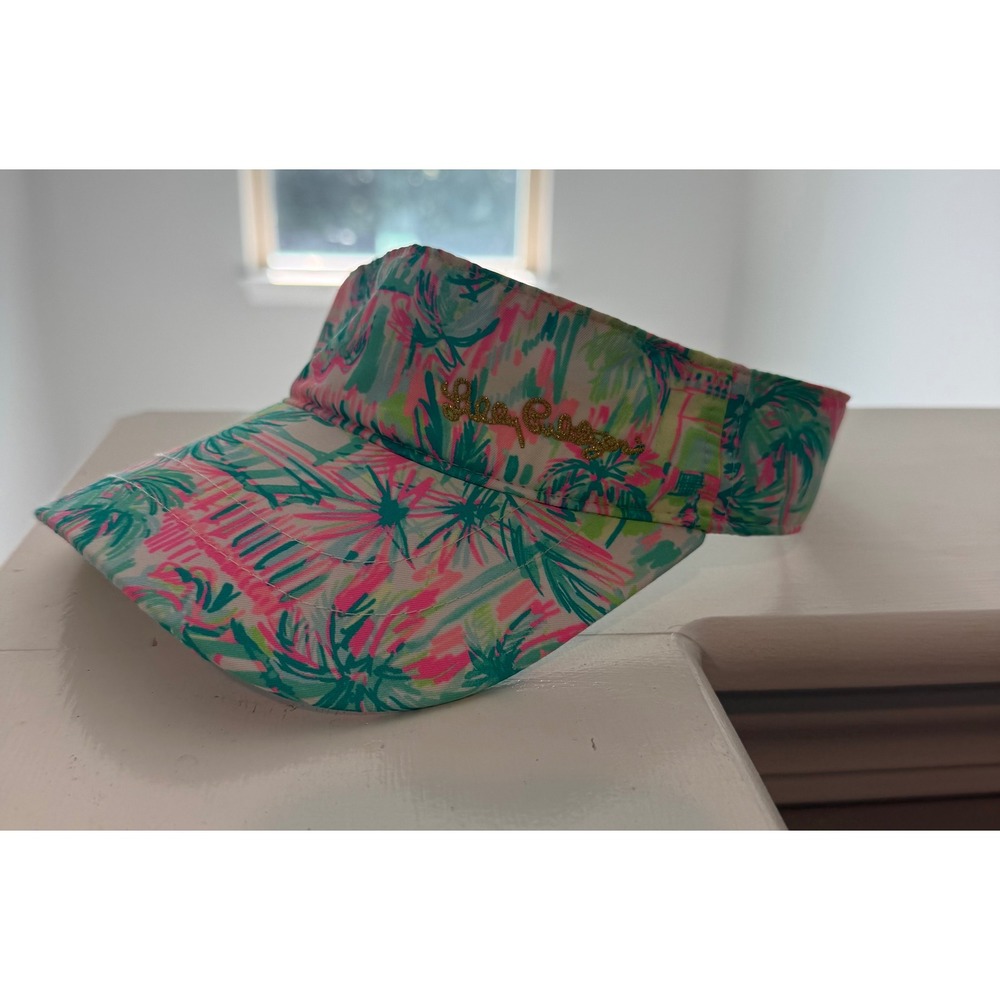 Lilly Pulitzer Pink Green Tropical Palm Print Sun Visor Adjustable Gold Logo